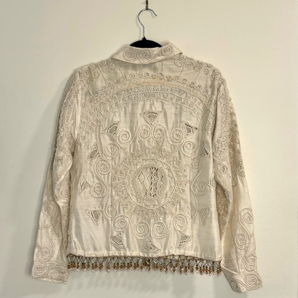 Sandy Starkman Silk Embroidered Shirt Jacket SMALL S Button Front beaded Hem - Picture 3 of 4